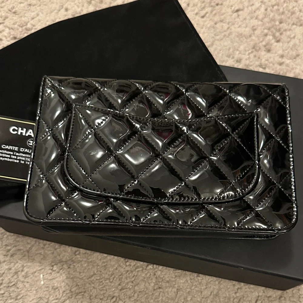 CHANEL 2.55 So Black Quilted Patent Leather Wallet on Chain